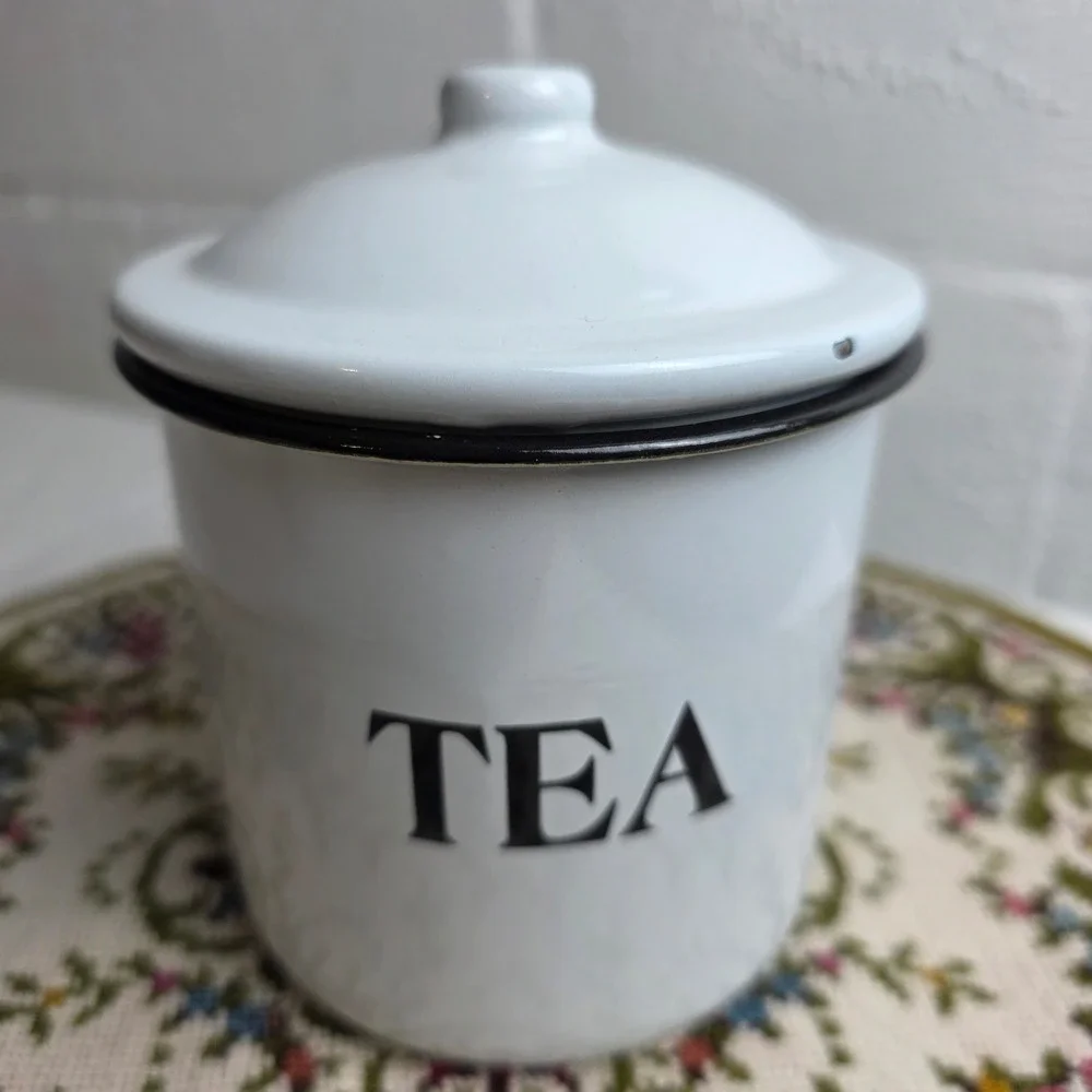 White Enamel Canister Set 3pc Farmhouse Coffee Tea Sugar Kitchen Storage Jars